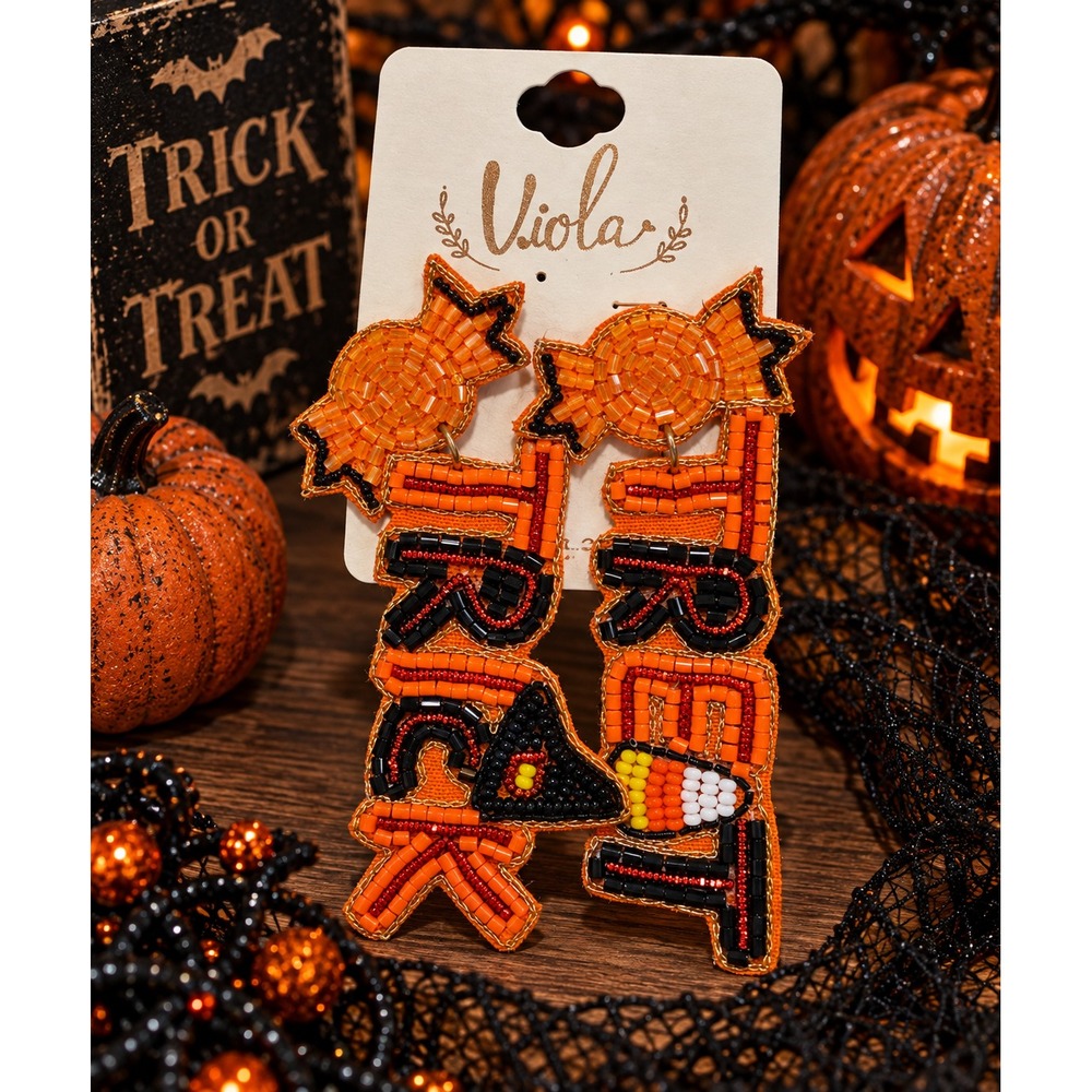 Trick or Treat Seed Bead Earrings Halloween Candy Corn Witch Hat Statement